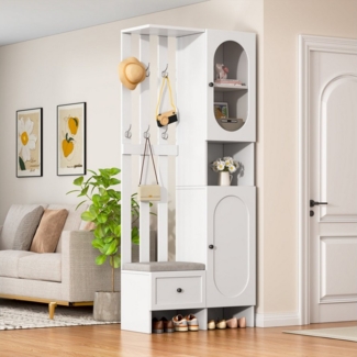 Merax Garderoben-Set Scandi weißer Flurschrank aus Holz & Glas, (Kompaktgarderobe 85 x 33,5 x 200 cm, 1-St, platzsparend & multifunktional), Flurgarderoben Set mit 2 Schränken, Schuhbank, Schublade und Haken