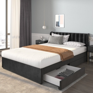 KLAM HOME Polsterbett Samt Einzelbett Doppelbett Stauraumbett Continentalbett (Mit Lattenrost Rückenlehne 2 Schubladen 160*200cm), Schublade auf Rollen