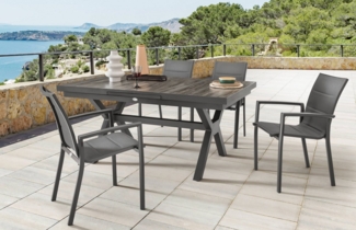 Destiny Garten-Essgruppe COSTA GARDA, (Set, 5-tlg, 1 Ausziehtisch, 4 Stapelsessel), (Set 5-tlg, 4 Sessel, 1 Tisch verstellbar 160/210x100x75cm) Aluminium