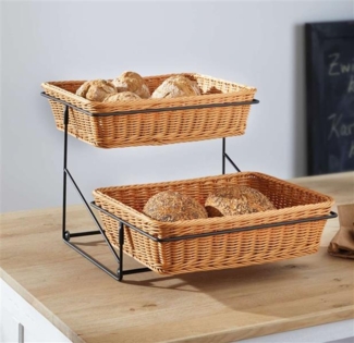 Stufen-Etagere "Poly" aus Metall, schwarz + Körbe aus Polyrattan, Brotkorb, Obstkorb, Präsentationsständer