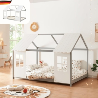 DELUKE® Kinderbett 120x200 GELO - mit Lattenrost Rausfallschutz Haus-OptikEinzelbett aus Holz Hausbett Kinderzimmer Montessori Bett Grau