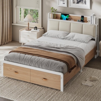 KIMENICH Metallbett Bettgestell mit Ladestation und 2 Schubladen, Jugendbett (Ohne Matratze), 140x190cm, Weiß + Natur
