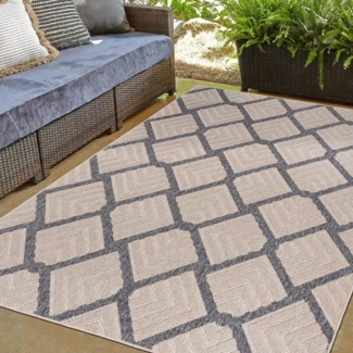 Mazovia Outdoorteppich In- & Outdoor Teppich Wetterfest & UV-beständig Balkon - Beige Grau, 60 x 100 cm, Höhe 6 mm, Kurzflor, Weich, Pflegeleicht, Flachgewebe