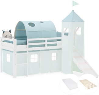 Hochbett Kinder 90x200 cm mit Matratze Rutsche Kinderbett Stockbett Vorhang Tunnel Turm Grün Mintgrün Lattenrost