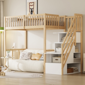Merax Hochbett Massivholz Kinderbett Einzelbett 90x200cm mit Stauraumtreppe, holzfarbe