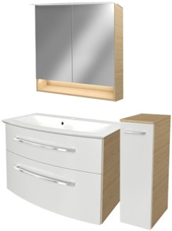Fackelmann B.STYLE Badmöbel Set 4-teilig, 83 cm, Weiß/Braun + LED-Spiegelschrank + Schrank rechts