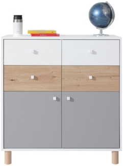 Lomadox Kommode FAIRFAX-133, Sideboard 85cm breit, in weiß mit Eiche und grau