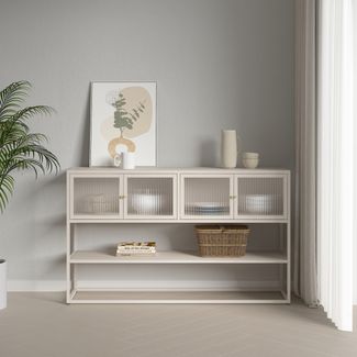Sideboard Säkylä mit 4 Glastüren 150x38x90 cm Stahl Kamelfarben [en. casa]