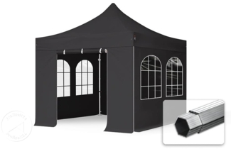3x3 m Faltpavillon PROFESSIONAL Alu 40mm, Seitenteile mit Sprossenfenstern, schwarz