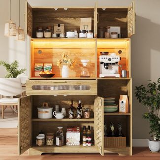 Flieks Küchenbuffet mit LED-Beleuchtung, Rattantüren und Glas-Schubladen Holzmaserung (1-St, B120/T40/H180 cm) Hochschrank Küchenschrank Geschirrschrank mit verstellbare Ablagen