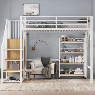 Eisenbett, Hochbett vierstöckiges Regal mit Rollen Sicherheitsgeländer Eckleiterschrank mit Kleiderstange, Eisen+MDF, Weiß+Natur, 90x200cm