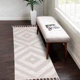 Carpet City Läufer Valencia 813, rechteckig, Höhe: 20 mm, Boho-Stil, Raute-Muster, 3D-Effekt, mit Fransen, Sisal