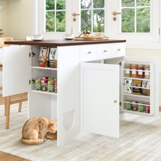 Kücheninsel, Küchenwagen und Sideboard mit Schubladen ausziehbare Arbeitsplatte Würzregal Haustierfressbereich ohne Katzensteller, Holz, Weiß+Nussbaum, 120×70×90 cm