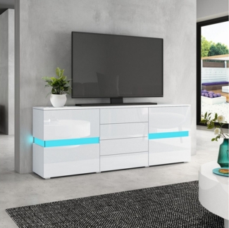 BESTWANTED Sideboard Hochglanz-Anrichte mit LED-Beleuchtung, 2 Türen, 4 Schubladen (1 St), Mit 16 LED-Farben/4 Blitzeffekten, Drucksystem, 35 x 177 x 72 cm, weiß