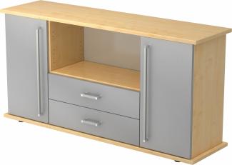 bümö Sideboard Ahorn/Silber/Silber mit Flügeltüren & Regal - Büromöbel Sideboard mit Schubladen Holz 166cm breit, 45cm schmal, Büro Schrank für Flur oder als Wohnzimmer-Kommode mit Chromgriff, SBTS-3-S-CE