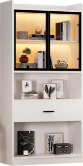 REDOM Vitrine Sammlerstücke Schrank Display Regal (Aufbewahrungsregale, Bücherregal Vitrine, Display Regal, 1-St, 1 Vitrine(2 Türen, 1 Schublade, 2 offene Fächer) mit Glastüren, LED-Beleuchtung 16 Lichtfarben
