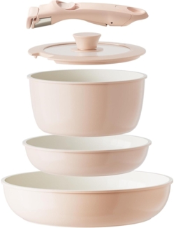 Redchef Keramik Topfset Pfannenset 5-teilig Rosa mit abnehmbaren Griffen