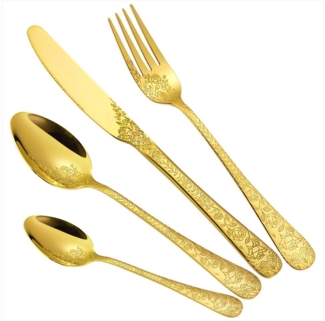 KEENZO Besteck-Set 24 teilig Edelstahl Gold Essbesteck Set florale Muster Griff (24-tlg), 6 Personen, Edelstahl