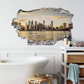 K&L Wall Art Wandtattoo 3D Wandtattoo Stadt Urlaub Skyline Wandsticker Manhattan Sundown modern, Mauerdurchbruch Wandbild selbstklebend