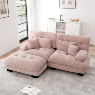 Ecksofa modular (H 81 x T 220 x B 145 cm) – Chenille Rosa, Cloud-Sitz, runde Armlehnen, inkl. Ottomans