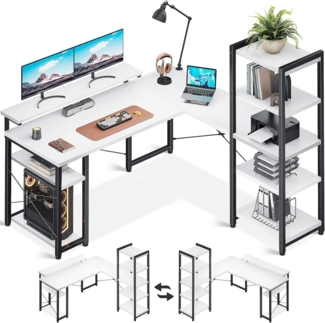 ODK Eckschreibtisch L-Form mit Regal und Monitorständer Weiß 140×137cm
