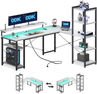 ODK Eckschreibtisch L-Form mit Regal und Monitorständer Weiß 140×137cm