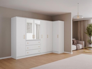 Vente-unique - Eckkleiderschrank mit 6 Türen & 3 Schubladen - Mit Spiegel - 311 cm - Weiß - LIZANDRO
