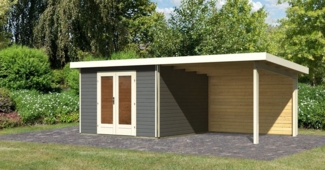 Gartenhaus Radeburg 1 - 309x309 cm plus Anbaudach 3,30m mit Rückwand, 40 mm Holz terragrau, Karibu