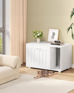 Katzenschrank, Katzenklo-Schrank, 80 x 48 x 51 cm, Katzenhaus mit Tür und Separater Trennwand, Modernes Design, Stabiler Katzenschrank mit Füßen, Weiß