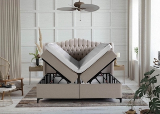 BettCo Stauraumbett Boxspringbett mit Bettkasten Maison (in Beige Webstoff, 160 x 200 cm), XXL Bettkasten, Metallfüße, Topper optional