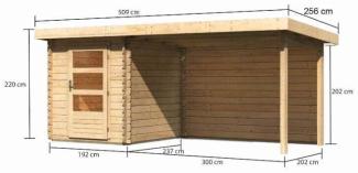 Gartenhaus Bastrup 3 - 579x237 cm mit Anbaudach 3,00 m mit Rückwand, 28 mm Holz naturbelassen