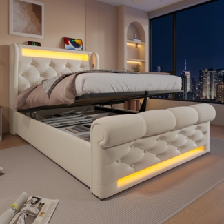 Polsterbett 90x200 cm aus Samt mit Stauraum und LED-Beleuchtung