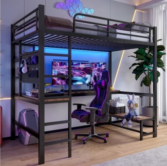 TavilaEcon Hochbett Eisenrahmen, USB-Typ-C-Buchse, LED Leiste, Schreibtisch, ohne Matratze Mehrere Ablagefläche, MDF-Panel, Sicheres Geländer, bequeme Leiter