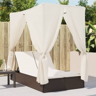vidaXL Doppel-Sonnenliege mit Dach und Vorhängen Braun Poly Rattan 368073