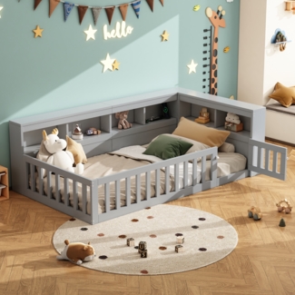 Merax Holzbett Kinderbett Daybett 90x200cm mit Stauraum, Aufladen und Geländer, grau