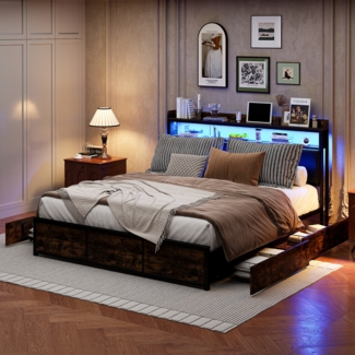 Jugendbett 160x200cm, Doppelbett Metallbett,Holzbett, mit Lattenrost, Polsterbett mit Led und Regal, Stauraumbett mit 4 Schubladen, PU, Schwarz