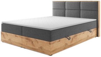 M-Punkt24 Boxspringbett Stockholm (Webstoff Grau, 180 x 200 cm), Eiche Holz, mit Bettkasten, mit Topper