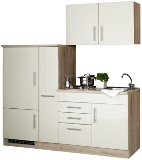 Single-Küchenzeile mit Kühlschrank, Hochglanz Creme TERAMO-03 B x H x T ca. 190 x 200 x 60 cm