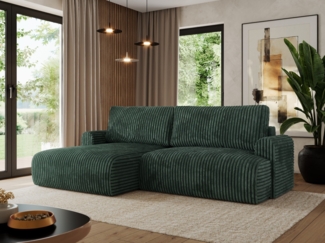L-förmiges Ecksofa mit losen Kissen und Armlehnen für das Wohnzimmer, Ecksofa mit Schlaffunktion, Bettkästen - TONO - Grün Cord - linke Seite
