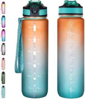 NAVTUE 1L Sport-Wasserflasche Strohhalm Zeitmarkierungen BPA-frei PinkBlau