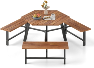 6-Personen Picknick-Tischset aus Akazienholz Gartentisch mit 3 Sitzplätzen Sonnenschirmloch