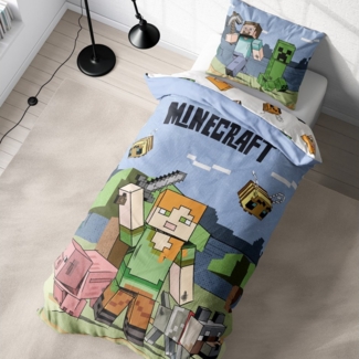 MTOnlinehandel Kinderbettwäsche Minecraft Steve & Alex, Geschenk für Gamer, Mikrofaser, 2 teilig, Wendebettwäsche für Mädchen und Jungs, 135x200 + 80x80 cm, Gaming