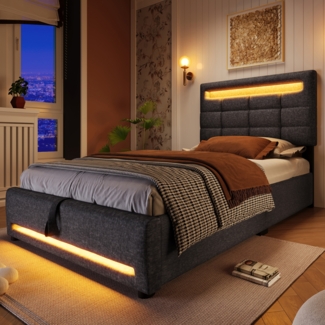 Polsterbett 90×200 cm Leinenbezug,hydraulischer Stauraum,16‑Farben LED mit App‑Steuerung,integrierte USB‑Buchse,quadratische Rückenlehne,Grau