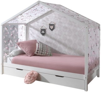 Łóżko domek z baldachimem tekstylnym Kapua 210x97x170 lite drewno białe 17239