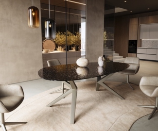 Esstisch Edge Oval 220x120 Reliefglas Rauchschwarz 3D-Design Zenthara kantig Metall Effektfinish Titan