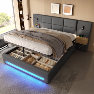 Polsterbett, Europäisches Polsterbett mit Samtkopfteil, praktischen Stauschubladen, LED-Nachtlicht, USB-C-Anschlüssen, hydraulischem Unterbettspeicher und robustem Metallgestell (200 kg Traglast), Samt + Metall,180 × 200 cm