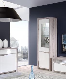 Vitrine Standvitrine sandeiche weiß hochglanz inkl. Beleuchtung Schrank Modern