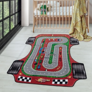 Carpettex Kinderteppich Rennstrecke, Rechteckig, Höhe: 7 mm, Kinderteppich Rot Rennstrecke Teppich Kinderzimmer Rutschfest Waschbar