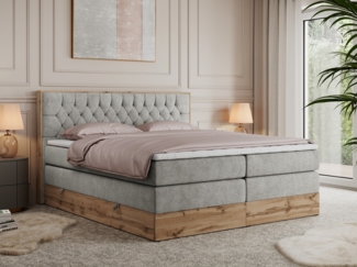 Boxspringbett AMORE KING, Doppelbett mit Multipocket-Matratze, Polsterbett mit Kopfstütze - 180 x 200 cm - Hellgrau Stoff - H4