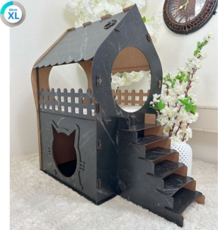 Jungengel Tierhaus Zweistöckiges Katzenhaus aus MDF – Schwarz Marmoriert, Stecksystem ohne Werkzeug, 2 Etagen, Treppe, Balkon, Marmor-Design